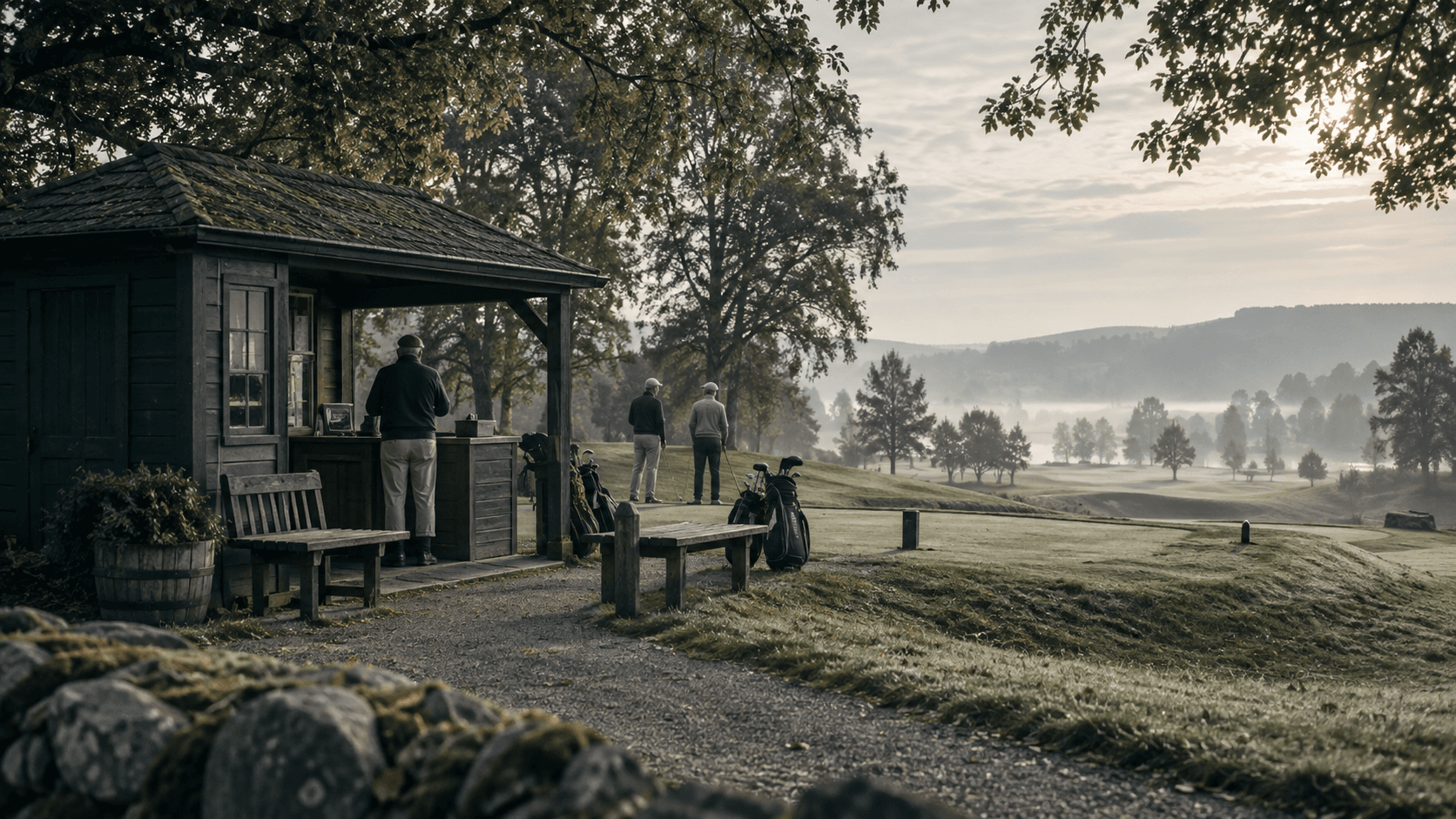 Two golfers wait on the first tee beside the starter's hut at dawn, mist lying over the valley behind them.