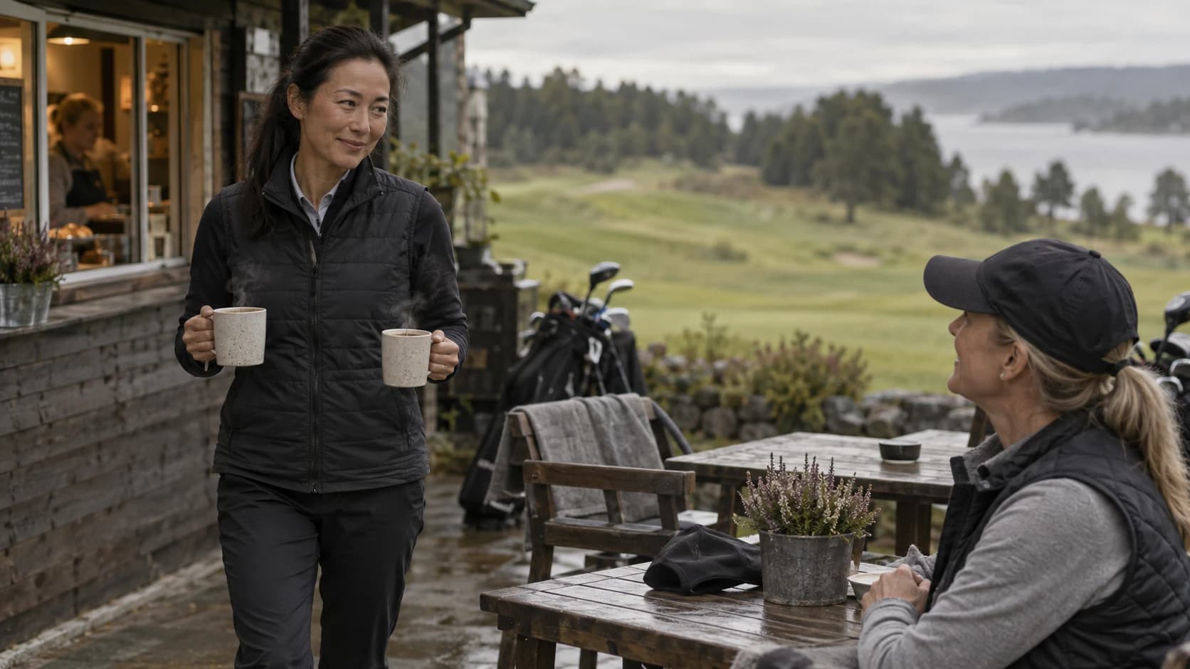 A golfer carries two coffees out of the halfway house to a friend at a terrace table on a wet morning, the course and the water beyond.